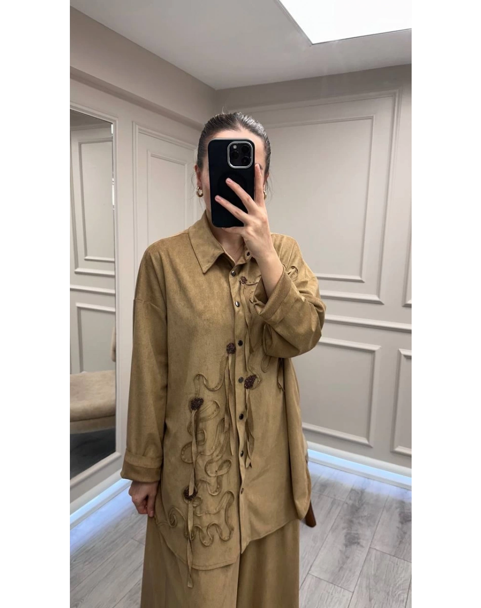 Ceremony 6957 Camel Nakışlı Pantolonlu Takım