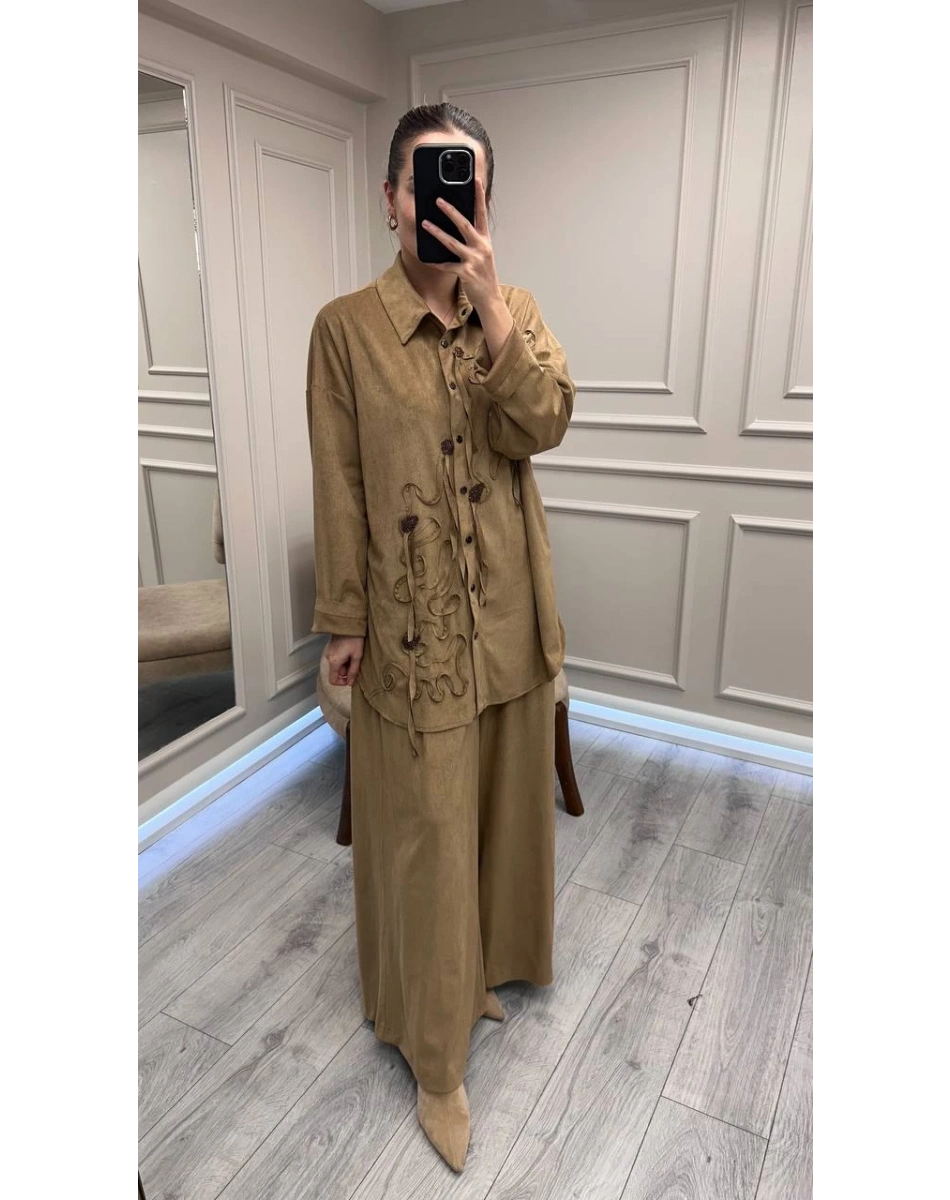 Ceremony 6957 Camel Nakışlı Pantolonlu Takım