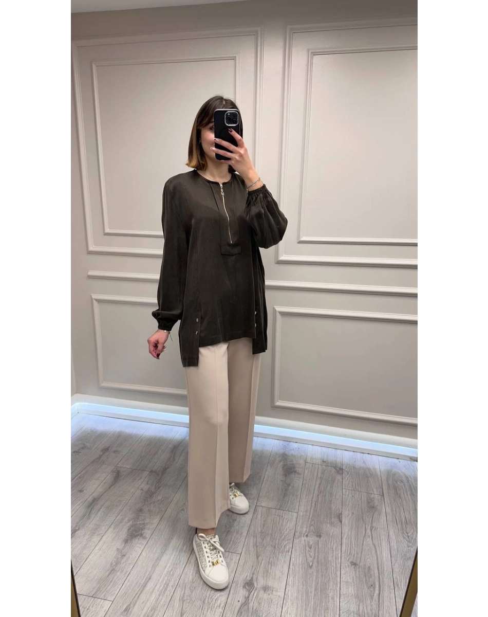 Clande CL25023000 Kahve Önü Fermuarlı Bluz