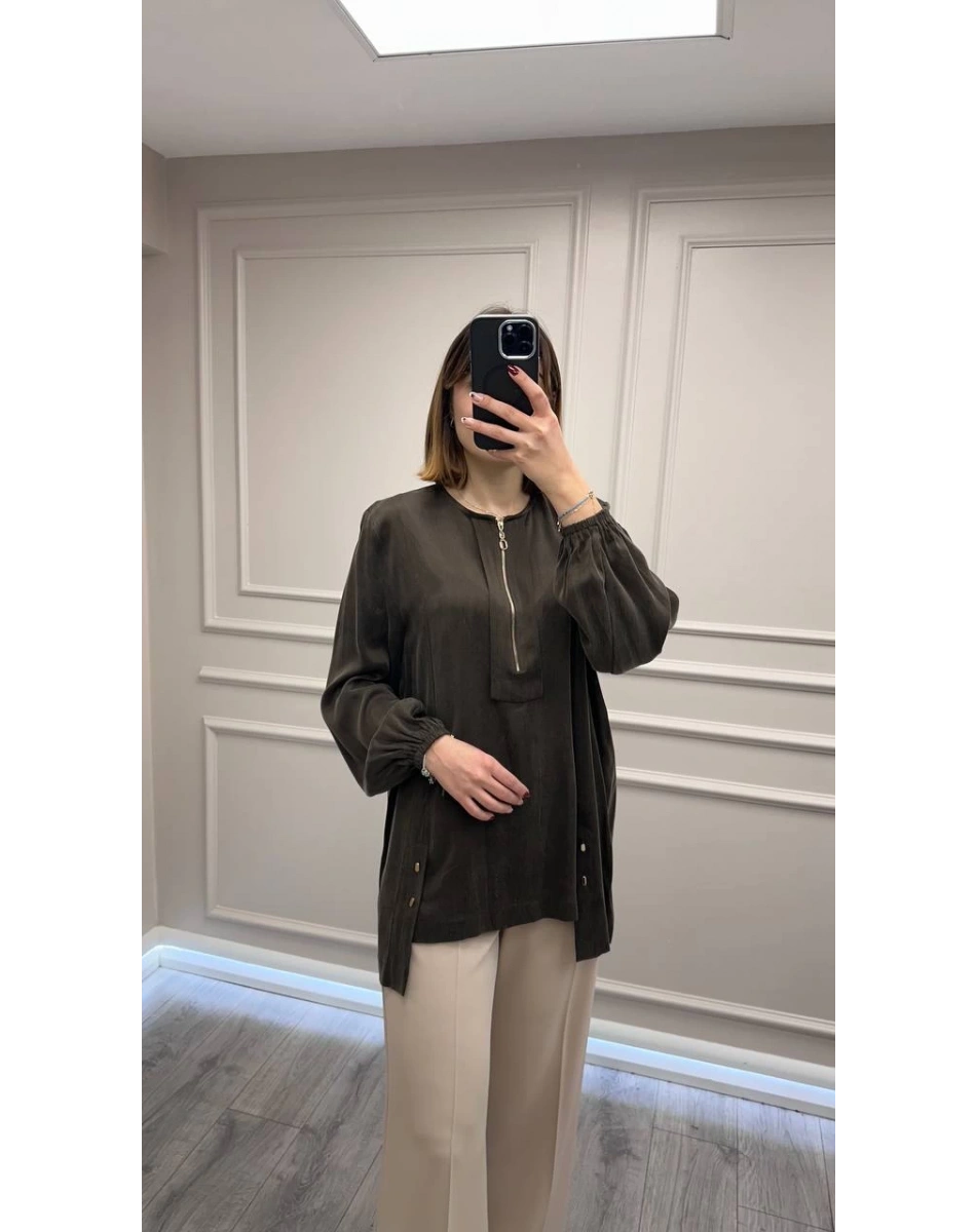 Clande CL25023000 Kahve Önü Fermuarlı Bluz