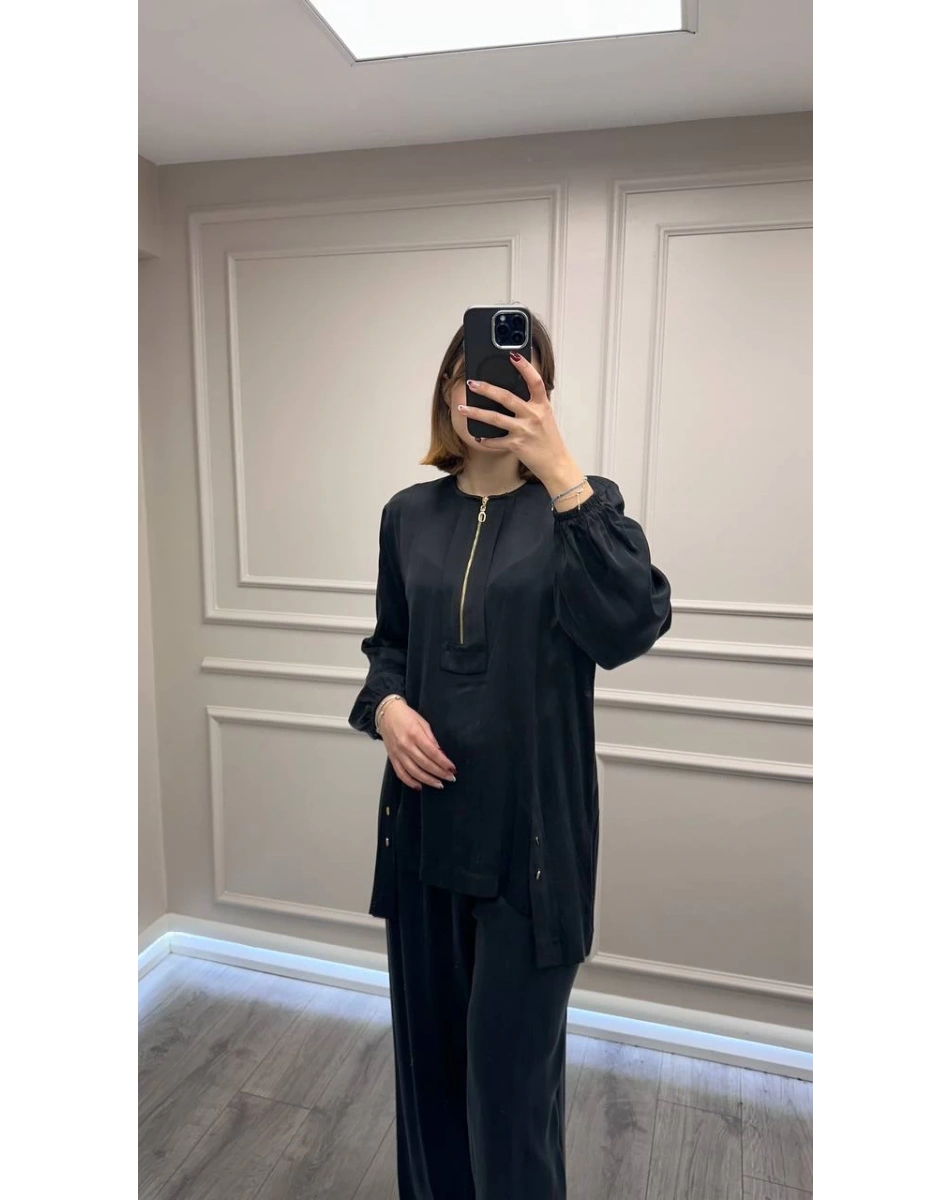 Clande CL25023000 Siyah Önü Fermuarlı Bluz