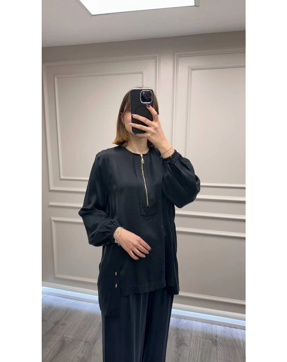 Clande CL25023000 Siyah Önü Fermuarlı Bluz