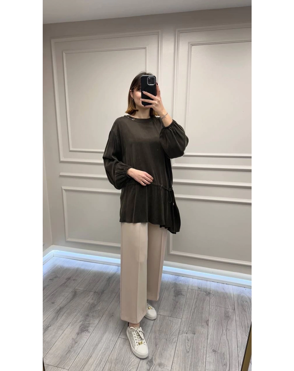 Clande CL25023001 Kahverengi Yanı Detaylı Bluz