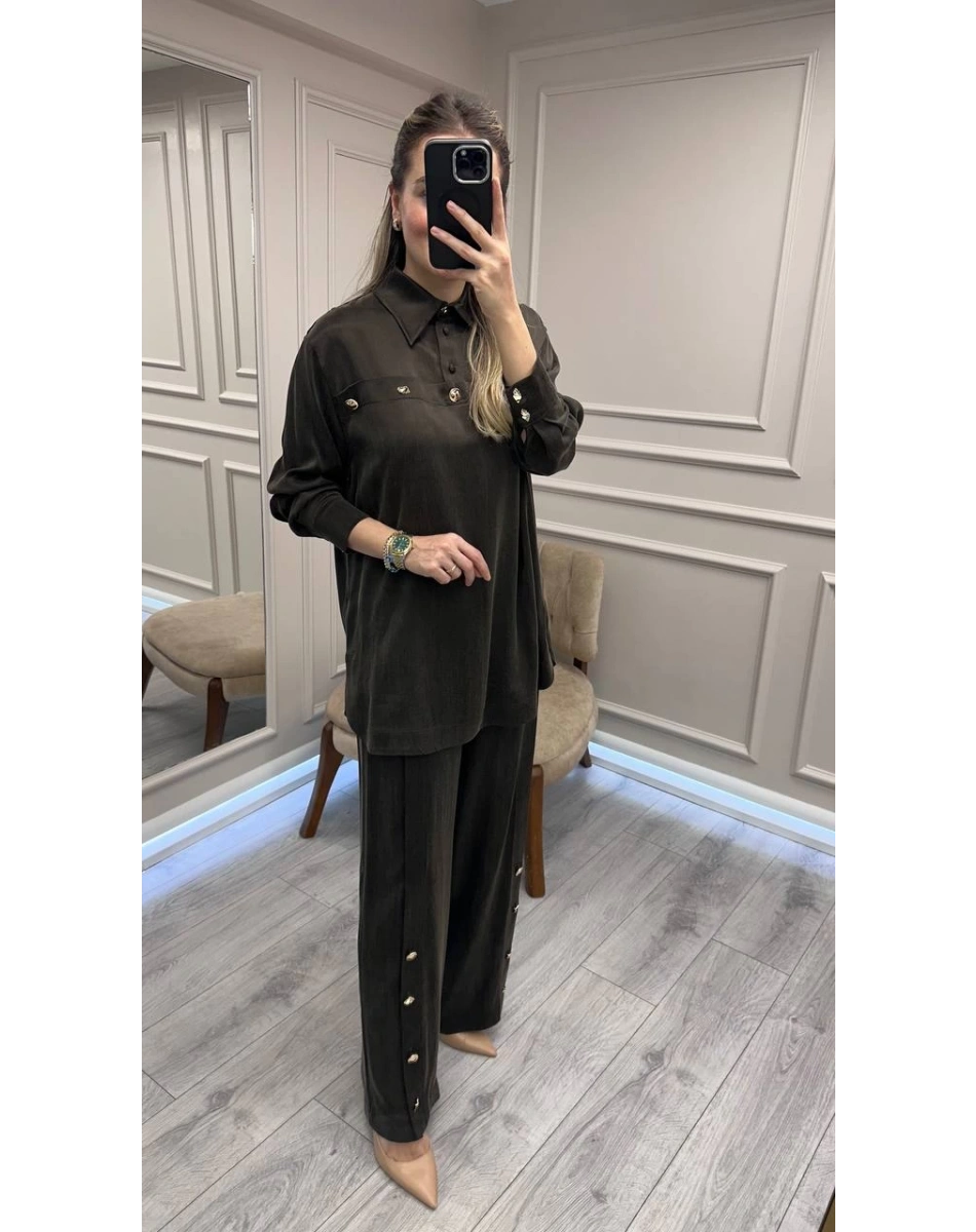 Clande CL25023004 Kahve Düğme Detaylı İkili Takım