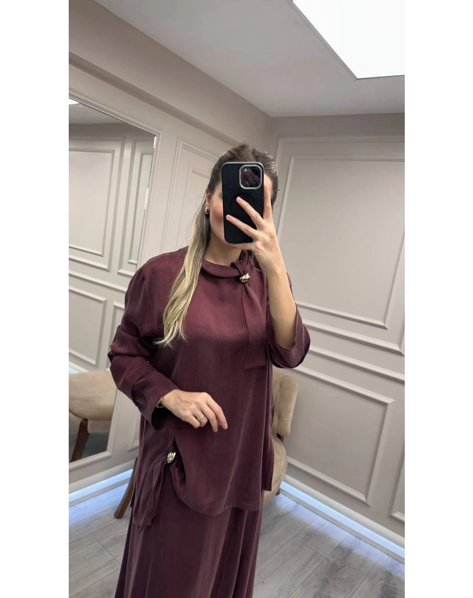 Clande CL25023014 Bordo Yaka Detaylı Etekli Takım