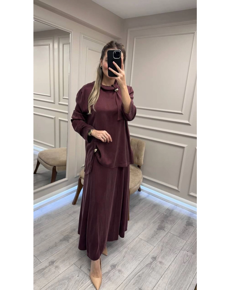 Clande CL25023014 Bordo Yaka Detaylı Etekli Takım