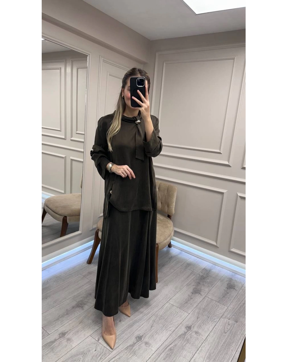 Clande CL25023014 Kahve Yaka Detaylı Etekli Takım