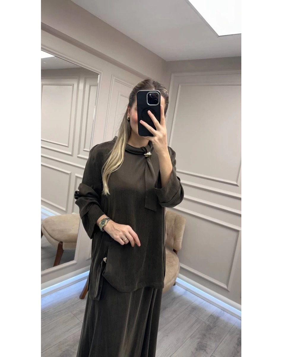 Clande CL25023014 Kahve Yaka Detaylı Etekli Takım