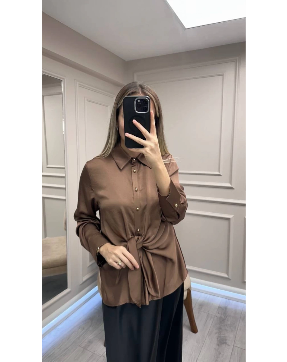Clande CL25023015 Kahve Bağlama Detaylı Gömlek