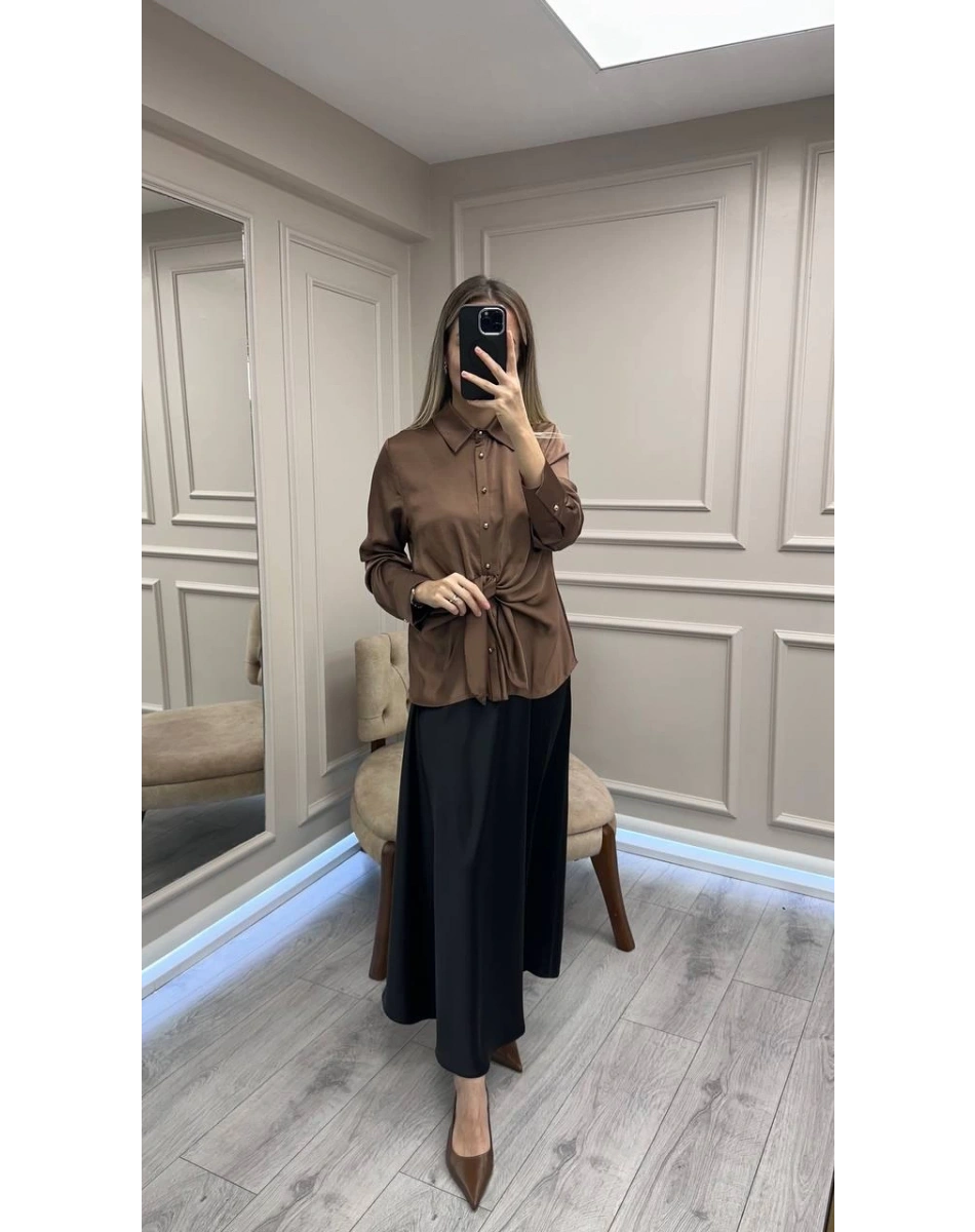 Clande CL25023015 Kahve Bağlama Detaylı Gömlek
