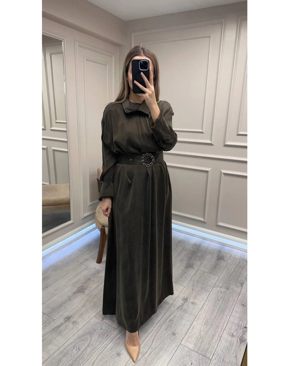 Clande CL25025001 Kahve Yaka Detaylı Elbise