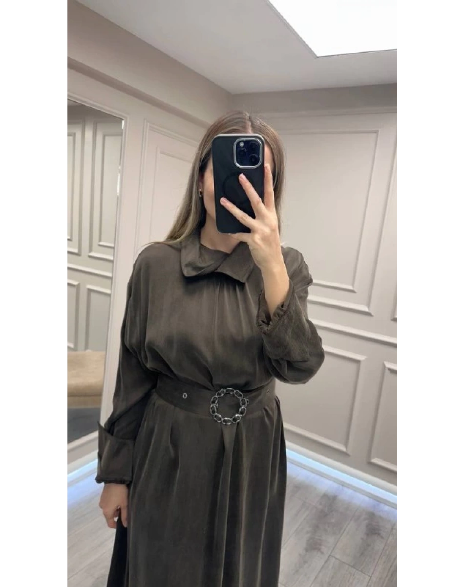 Clande CL25025001 Kahve Yaka Detaylı Elbise