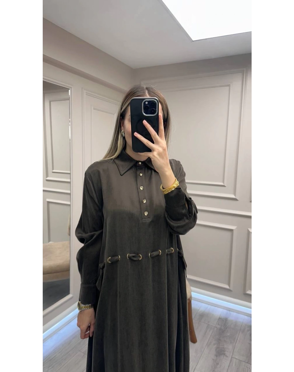 Clande CL25025007 Kahve Bel Detaylı Elbise