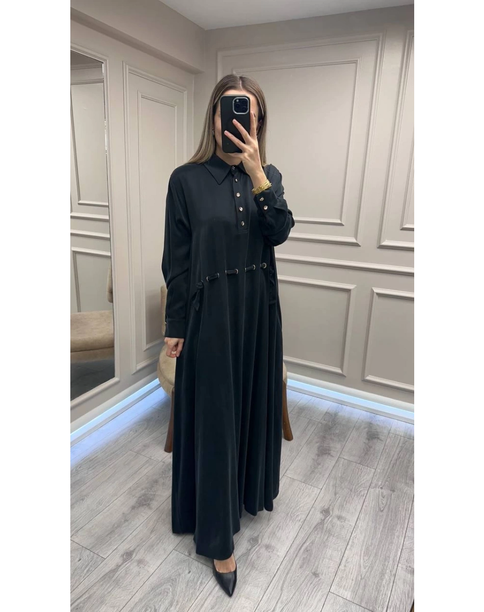 Clande CL25025007 Siyah Bel Detaylı Elbise