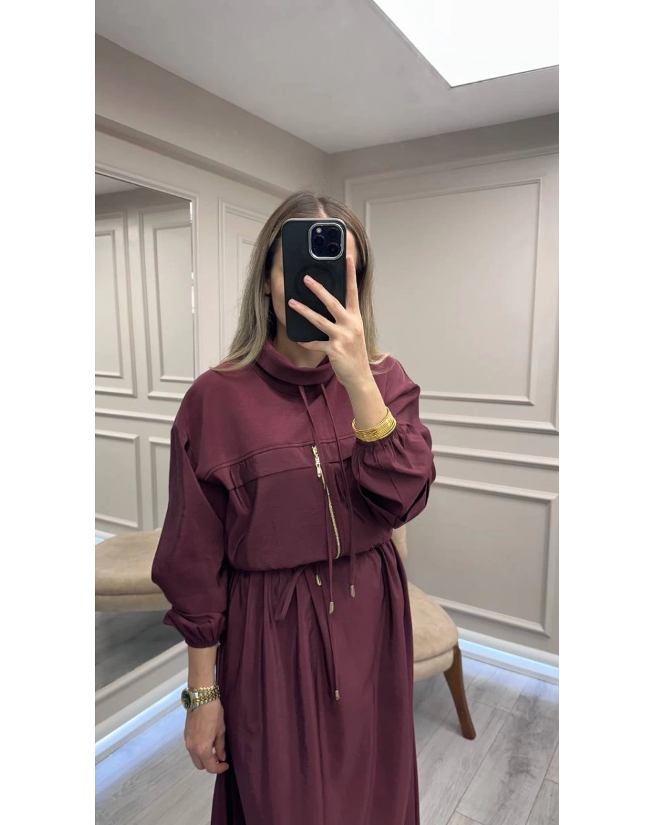 Clande CL25025009 Bordo Beli Bağlamalı Elbise