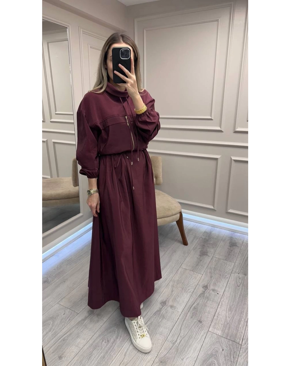 Clande CL25025009 Bordo Beli Bağlamalı Elbise