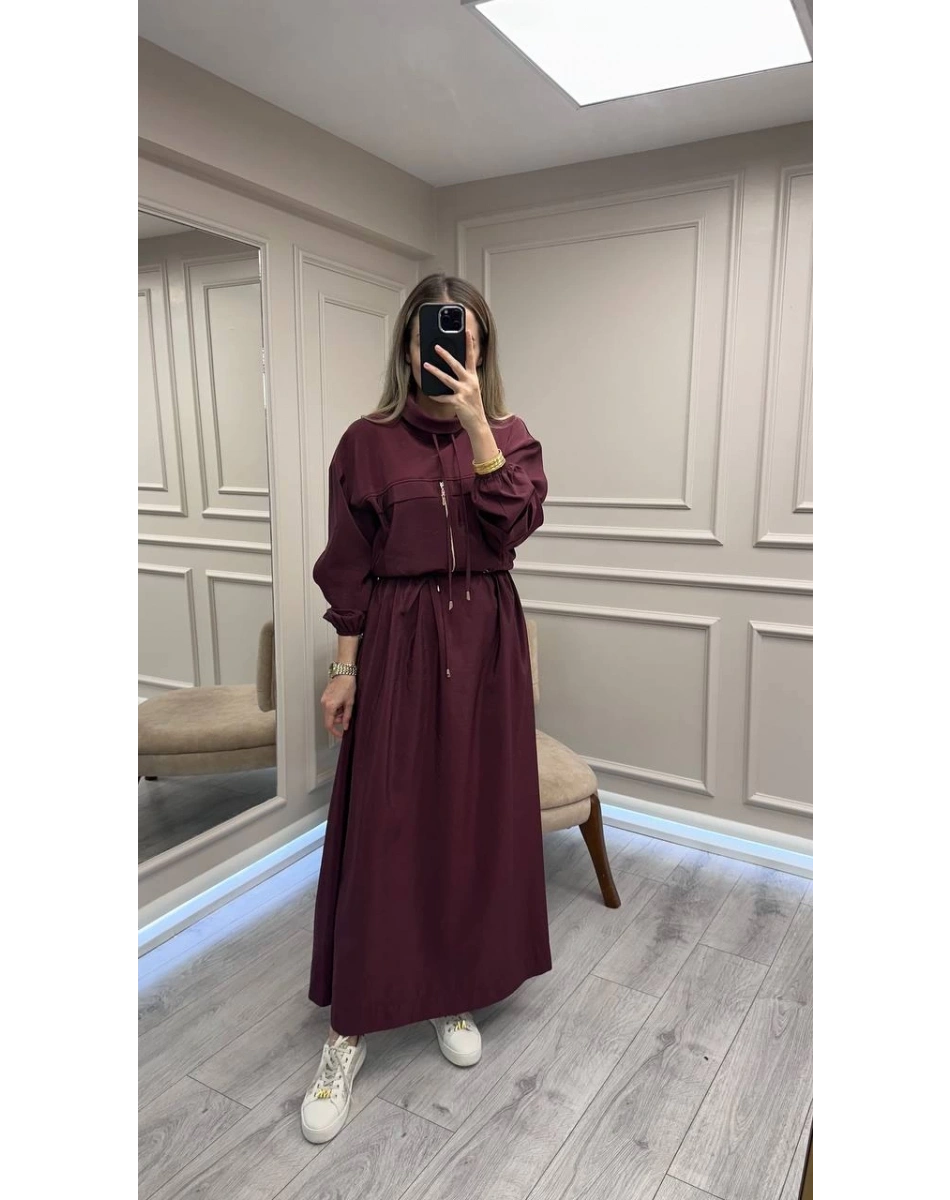 Clande CL25025009 Bordo Beli Bağlamalı Elbise
