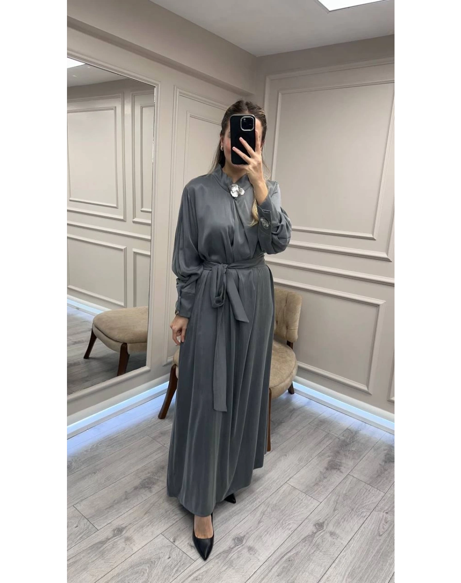 Clande CL25025011 Antrasit Broş Detaylı Elbise