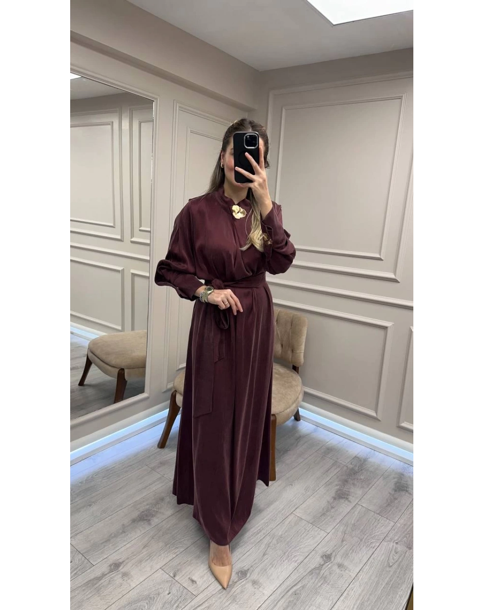 Clande CL25025011 Bordo Broş Detaylı Elbise