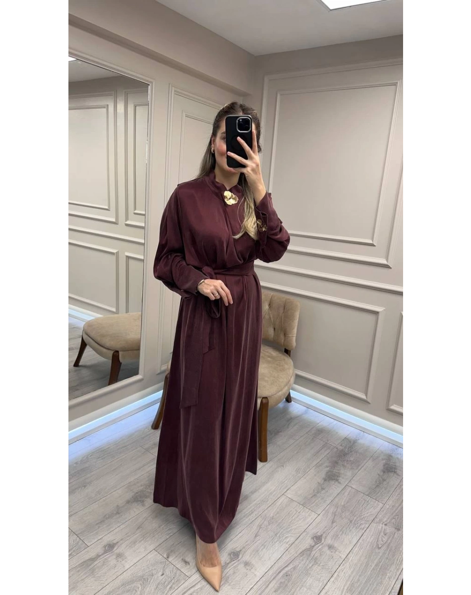 Clande CL25025011 Bordo Broş Detaylı Elbise