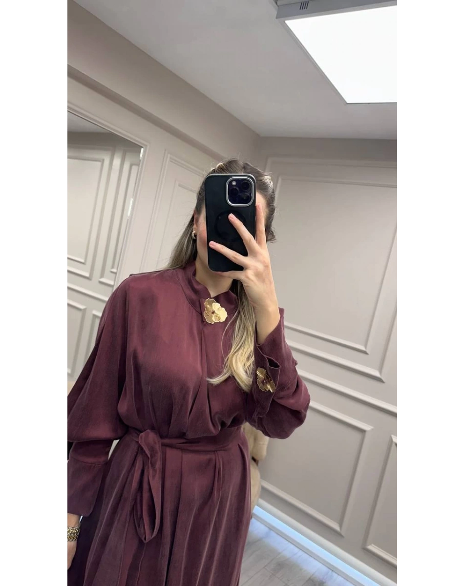 Clande CL25025011 Bordo Broş Detaylı Elbise