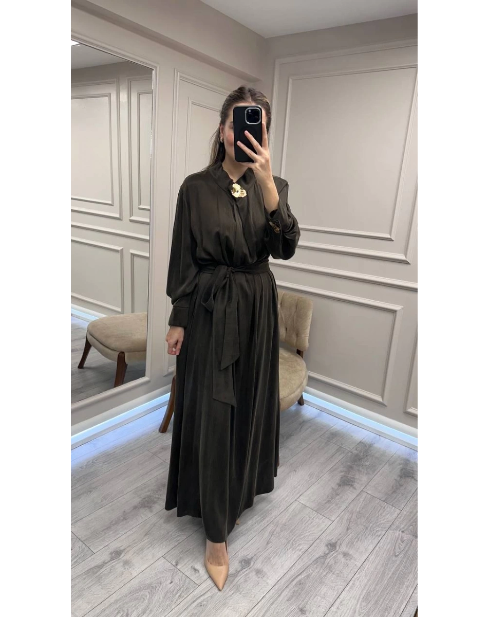 Clande CL25025011 Kahve Broş Detaylı Elbise