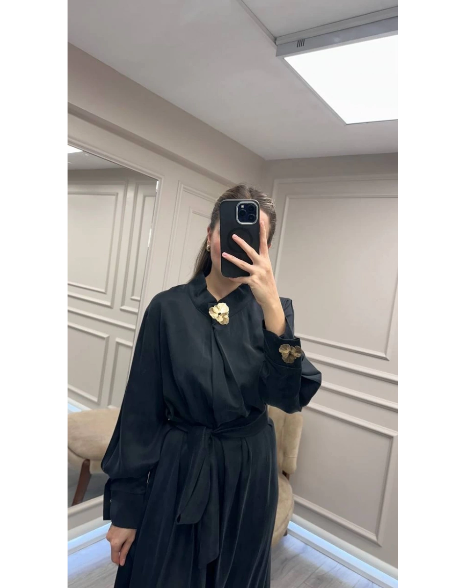 Clande CL25025011 Siyah Broş Detaylı Elbise