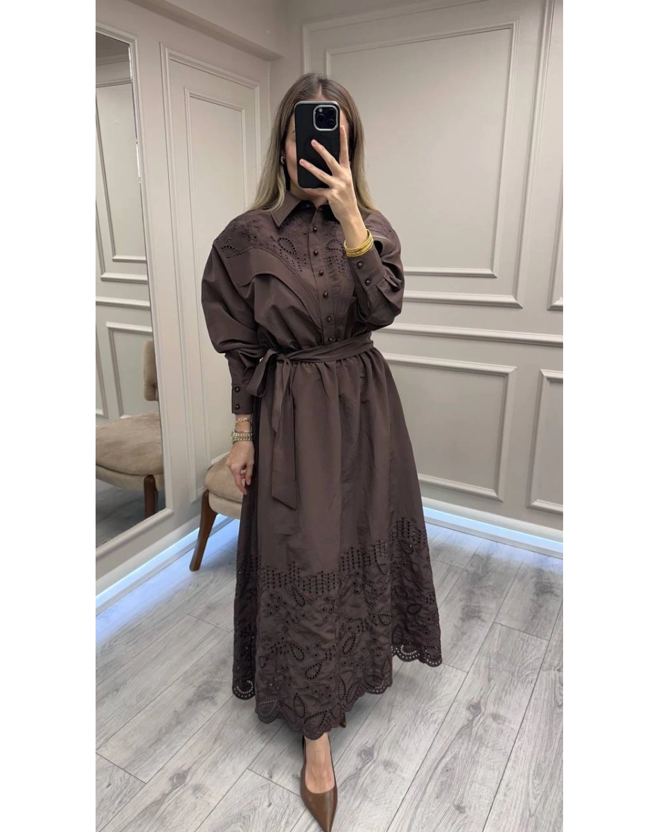 Clande CL25025023 Kahve Brode Detaylı Elbise