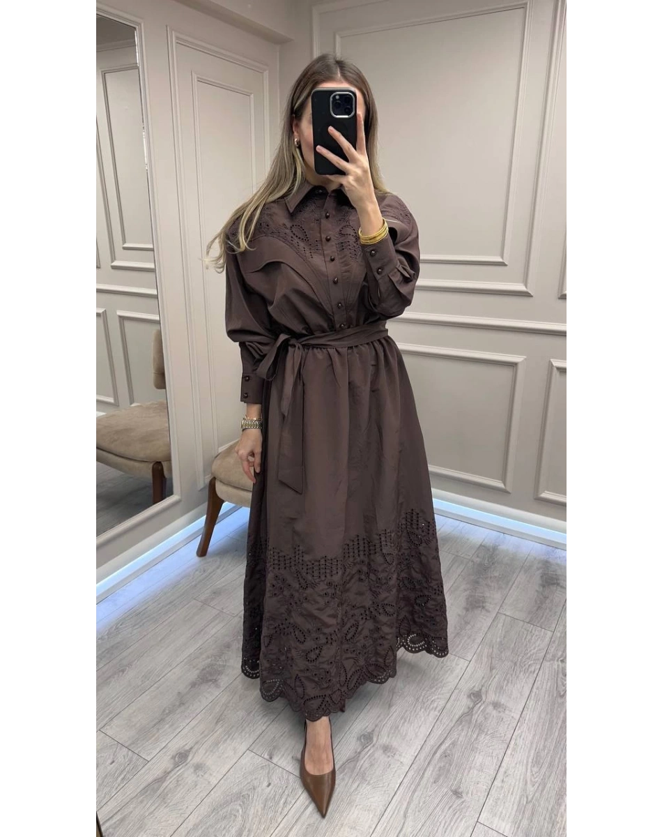 Clande CL25025023 Kahve Brode Detaylı Elbise