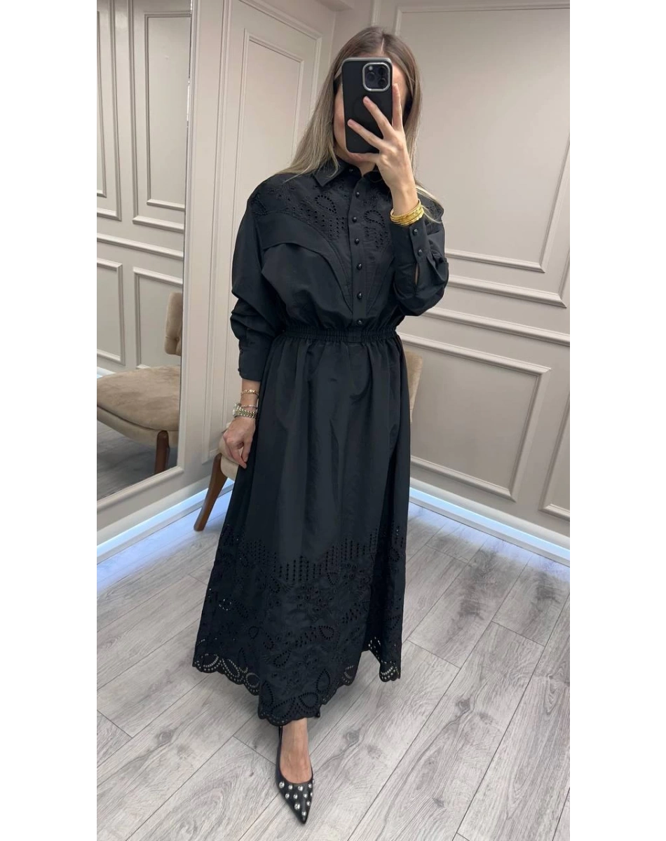 Clande CL25025023 Siyah Brode Detaylı Elbise