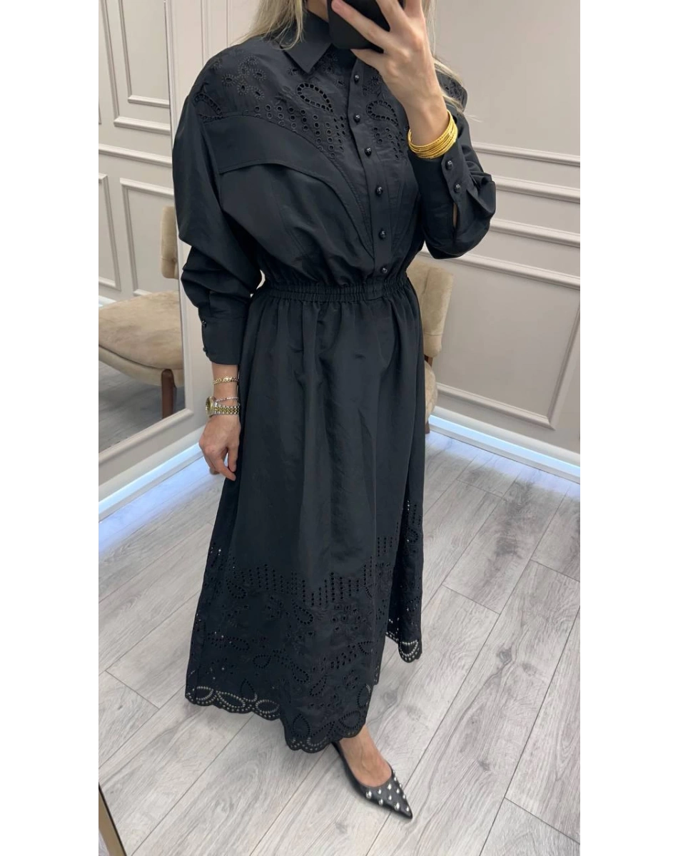 Clande CL25025023 Siyah Brode Detaylı Elbise