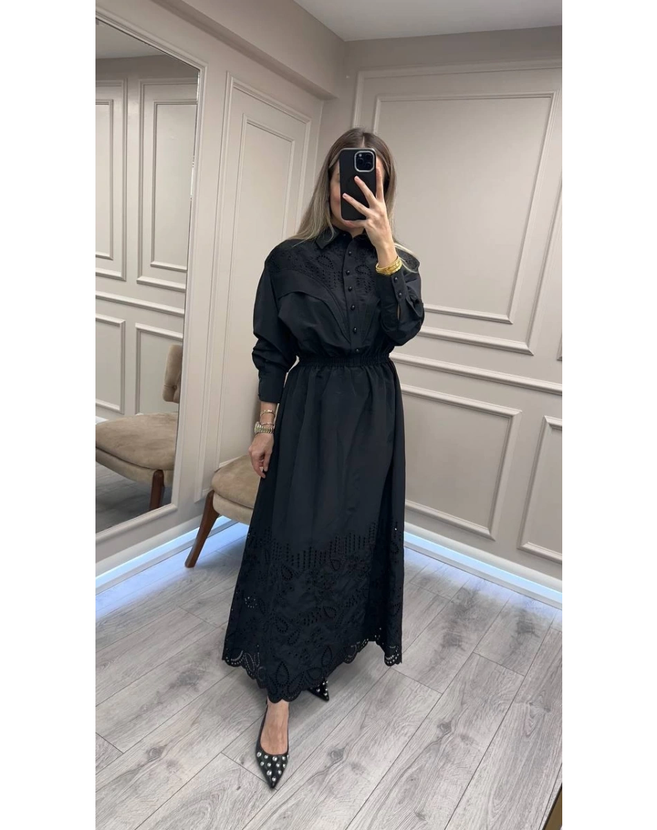 Clande CL25025023 Siyah Brode Detaylı Elbise