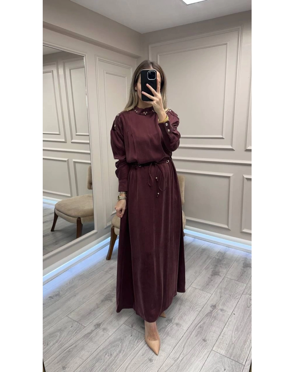 Clande CL25055006 Bordo Yaka Detaylı Elbise