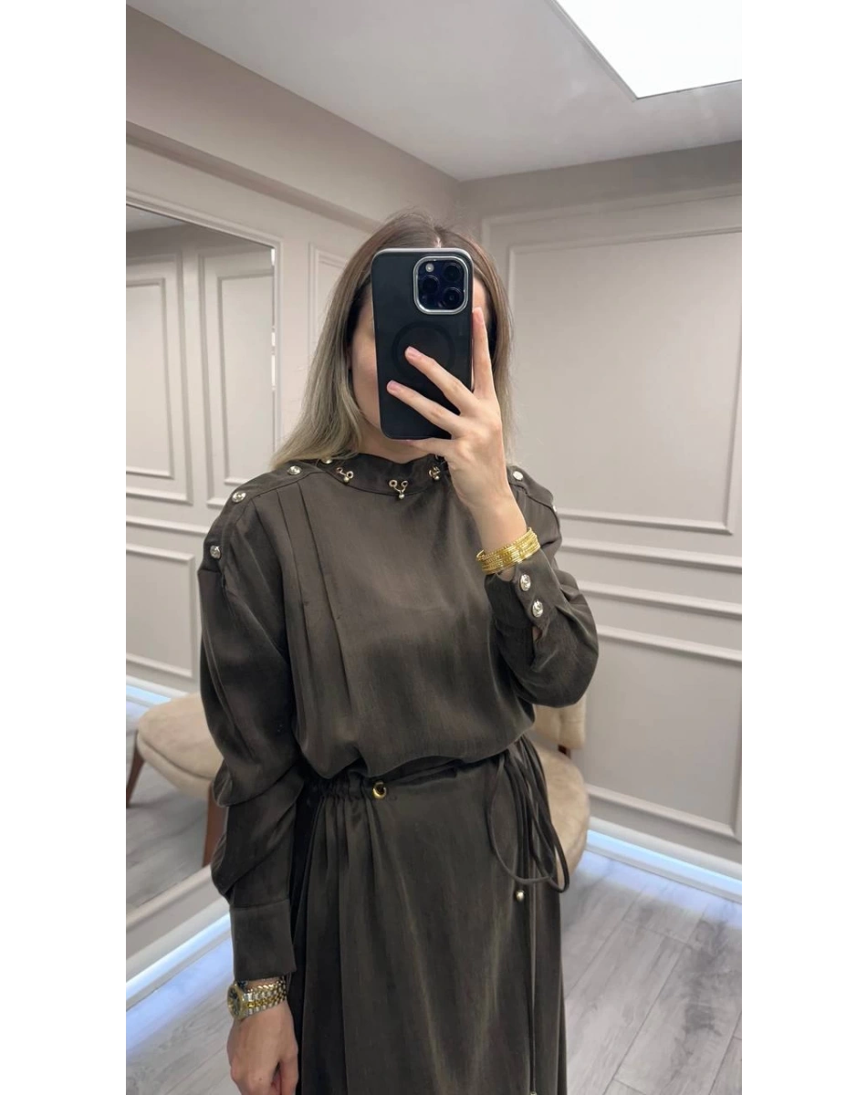 Clande CL25055006 Kahve Yaka Detaylı Elbise