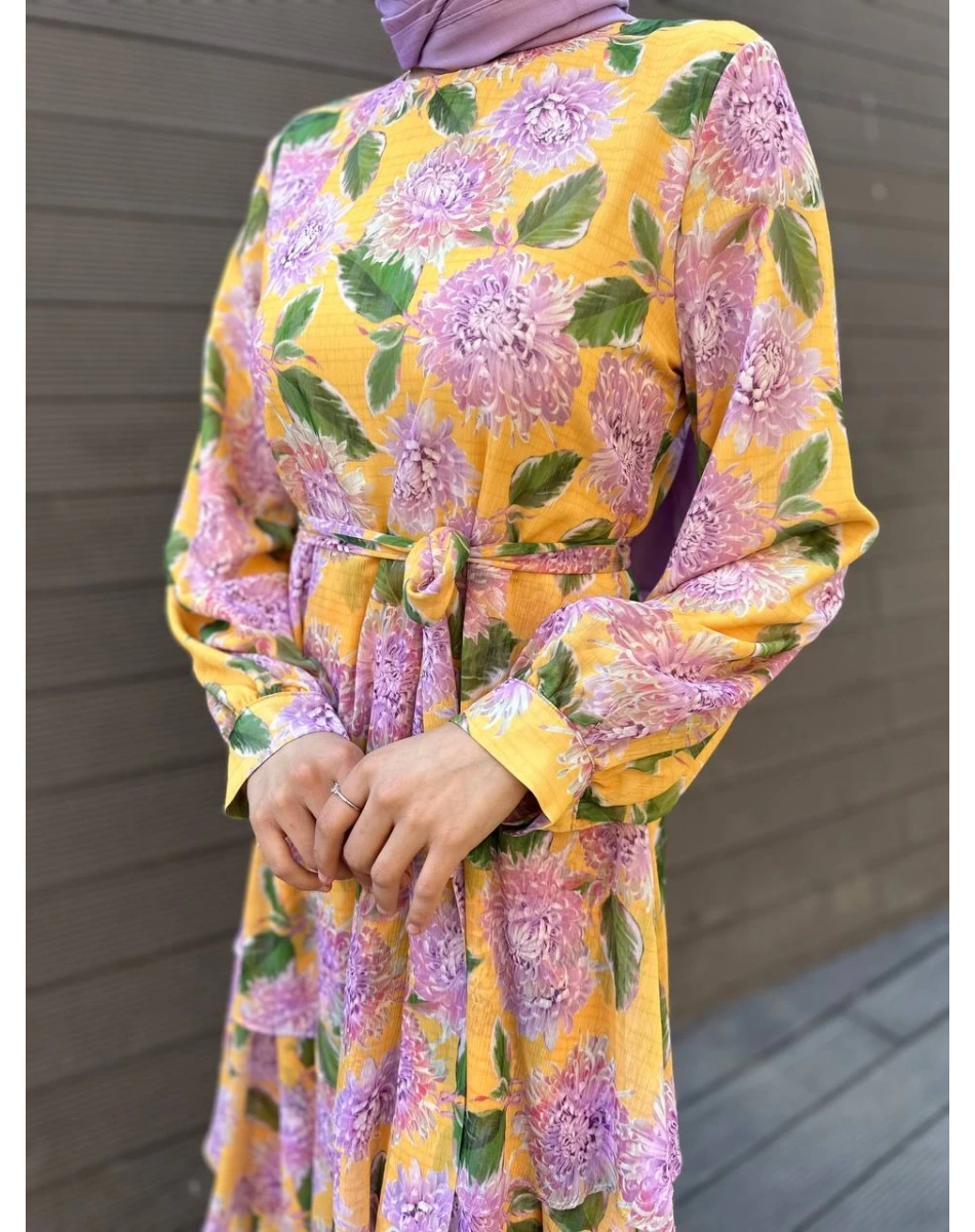 Cloche CL3023 Sarı Kemerli Çiçek Desenli Elbise