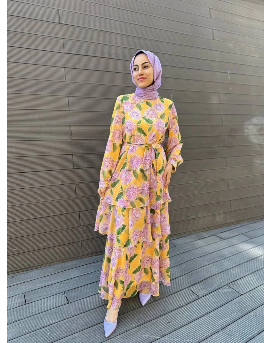 Cloche CL3023 Sarı Kemerli Çiçek Desenli Elbise