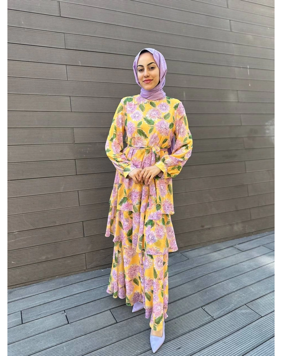 Cloche CL3023 Sarı Kemerli Çiçek Desenli Elbise