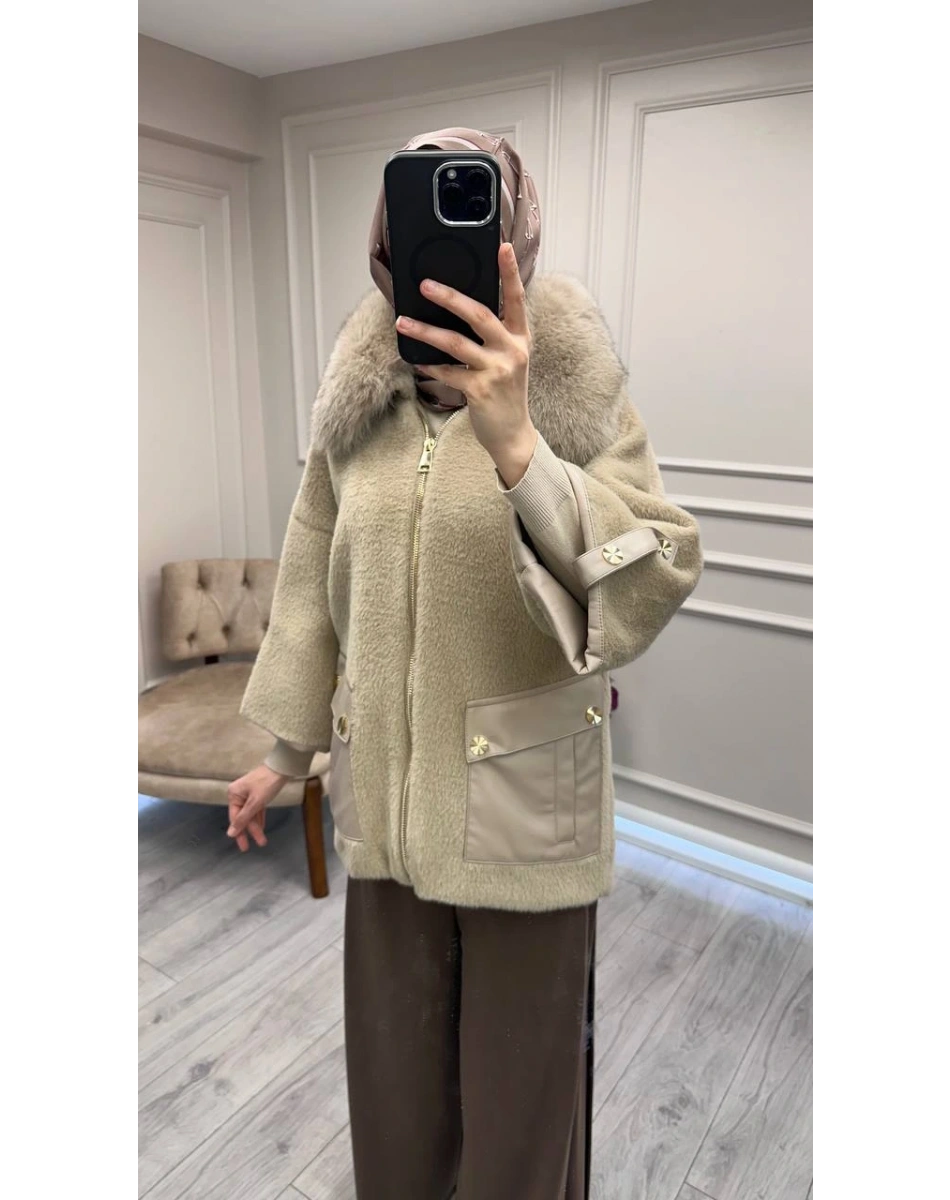 Etrucci 7072 Koyu Bej Deri Cepli Angora Kap