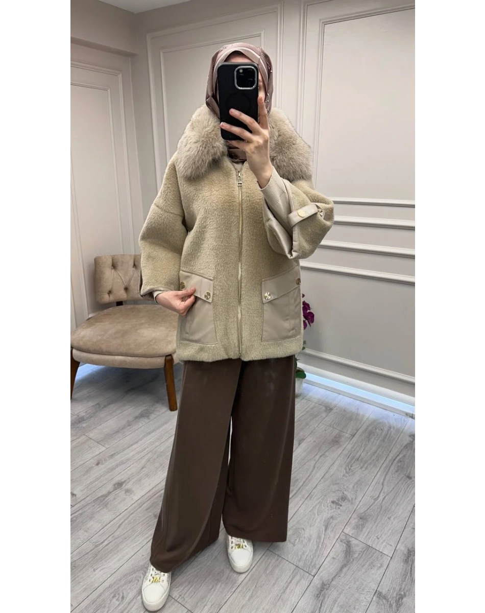 Etrucci 7072 Koyu Bej Deri Cepli Angora Kap