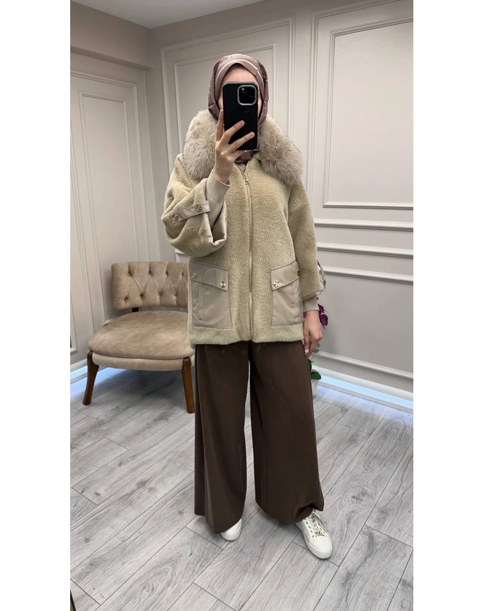 Etrucci 7072 Koyu Bej Deri Cepli Angora Kap