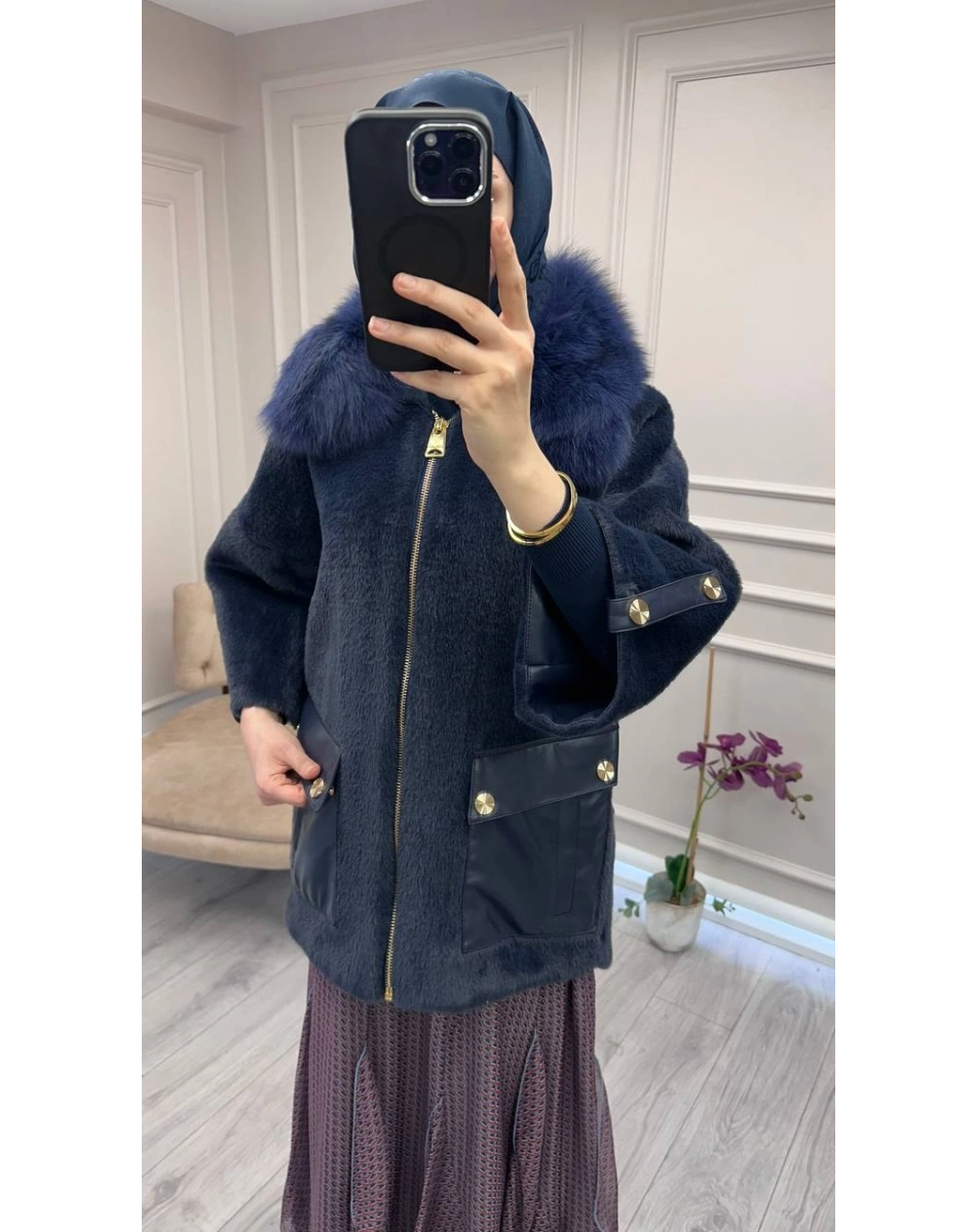 Etrucci 7072 Lacivert Deri Cepli Angora Kap