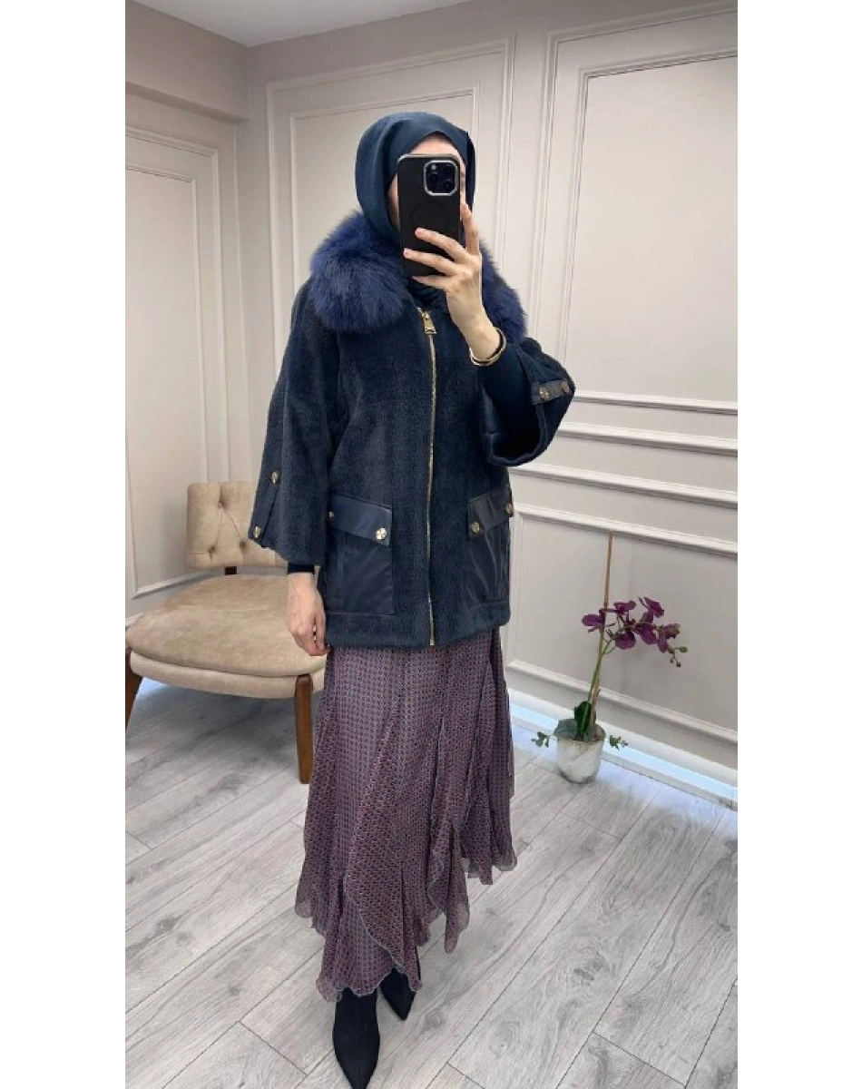 Etrucci 7072 Lacivert Deri Cepli Angora Kap