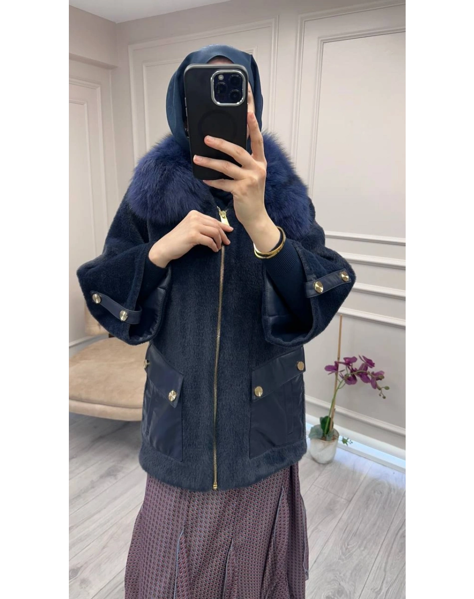 Etrucci 7072 Lacivert Deri Cepli Angora Kap