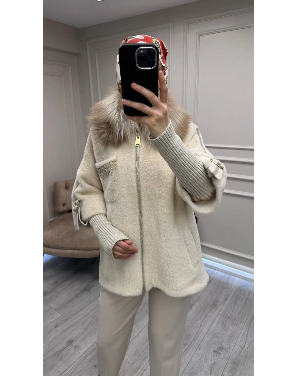 Etrucci 7210 Açık Bej Kürklü Angora Kısa Kaban