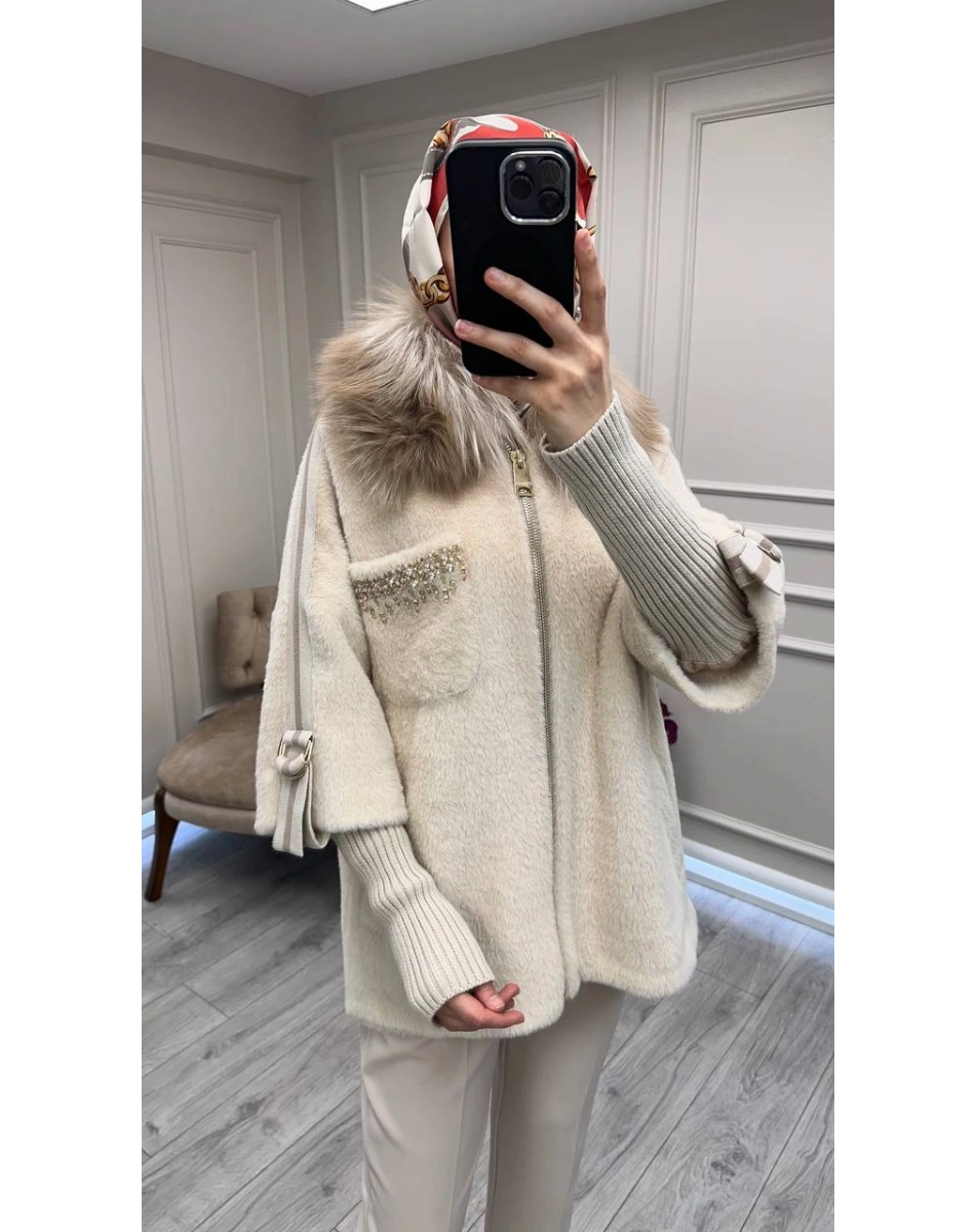 Etrucci 7210 Açık Bej Kürklü Angora Kısa Kaban
