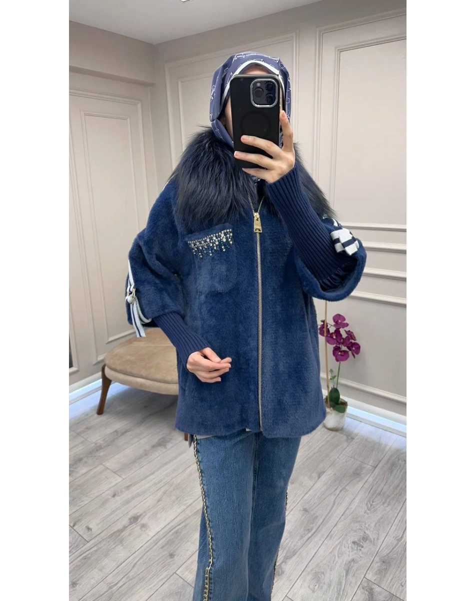 Etrucci 7210 Lacivert Kürklü Angora Kısa Kaban