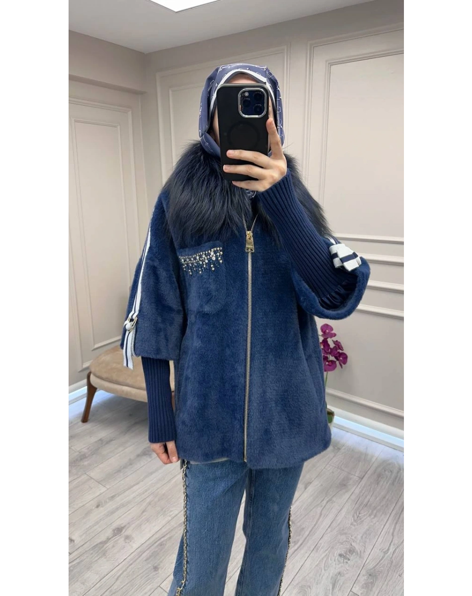 Etrucci 7210 Lacivert Kürklü Angora Kısa Kaban