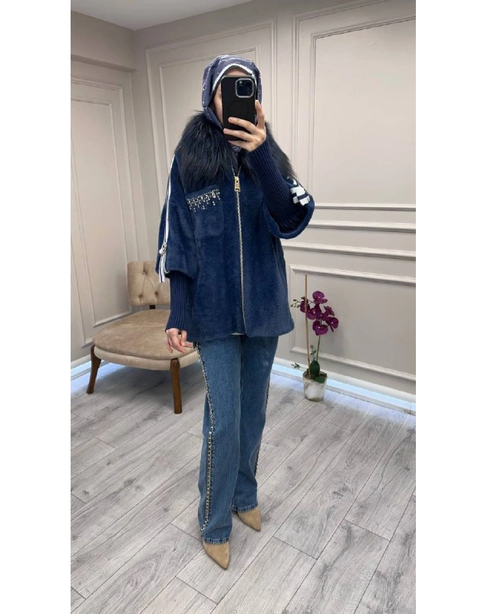 Etrucci 7210 Lacivert Kürklü Angora Kısa Kaban