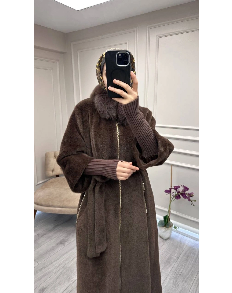 Etrucci 7211 Kahve Fermuar Triko ve Kürk Detaylı Angora Kaban