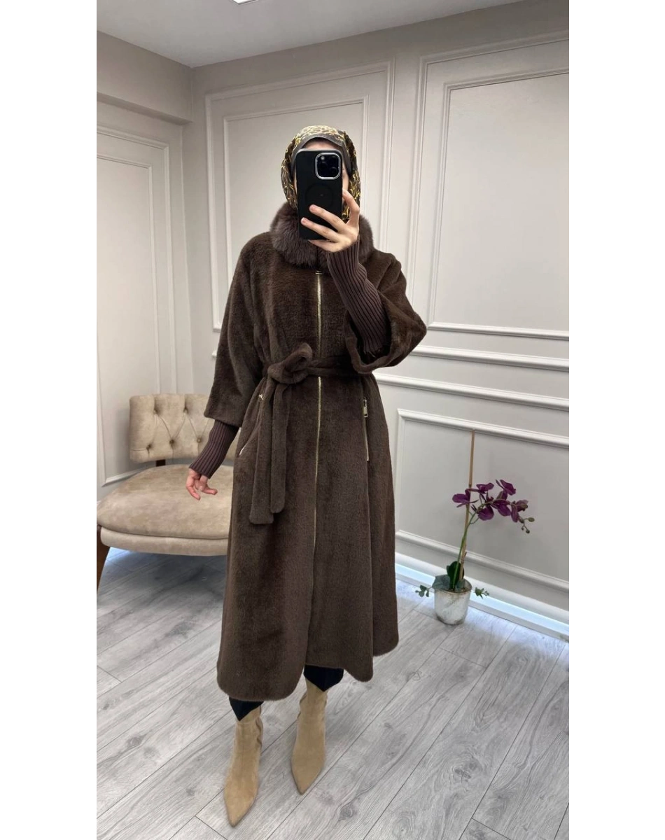 Etrucci 7211 Kahve Fermuar Triko ve Kürk Detaylı Angora Kaban